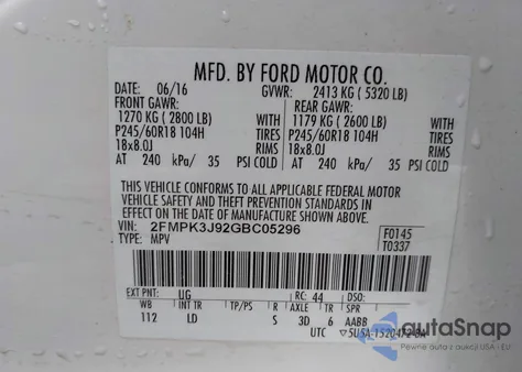 2016 Ford Edge Sel из США, поврежденный, VIN 2FMPK3J92GBC05296